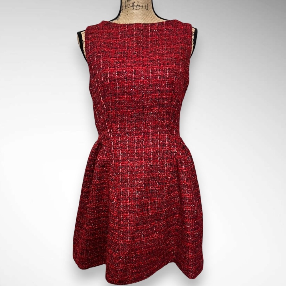 CIDER Tweed Boat Neck Zipper Back Sleeveless Mini Dress In Wine Medium